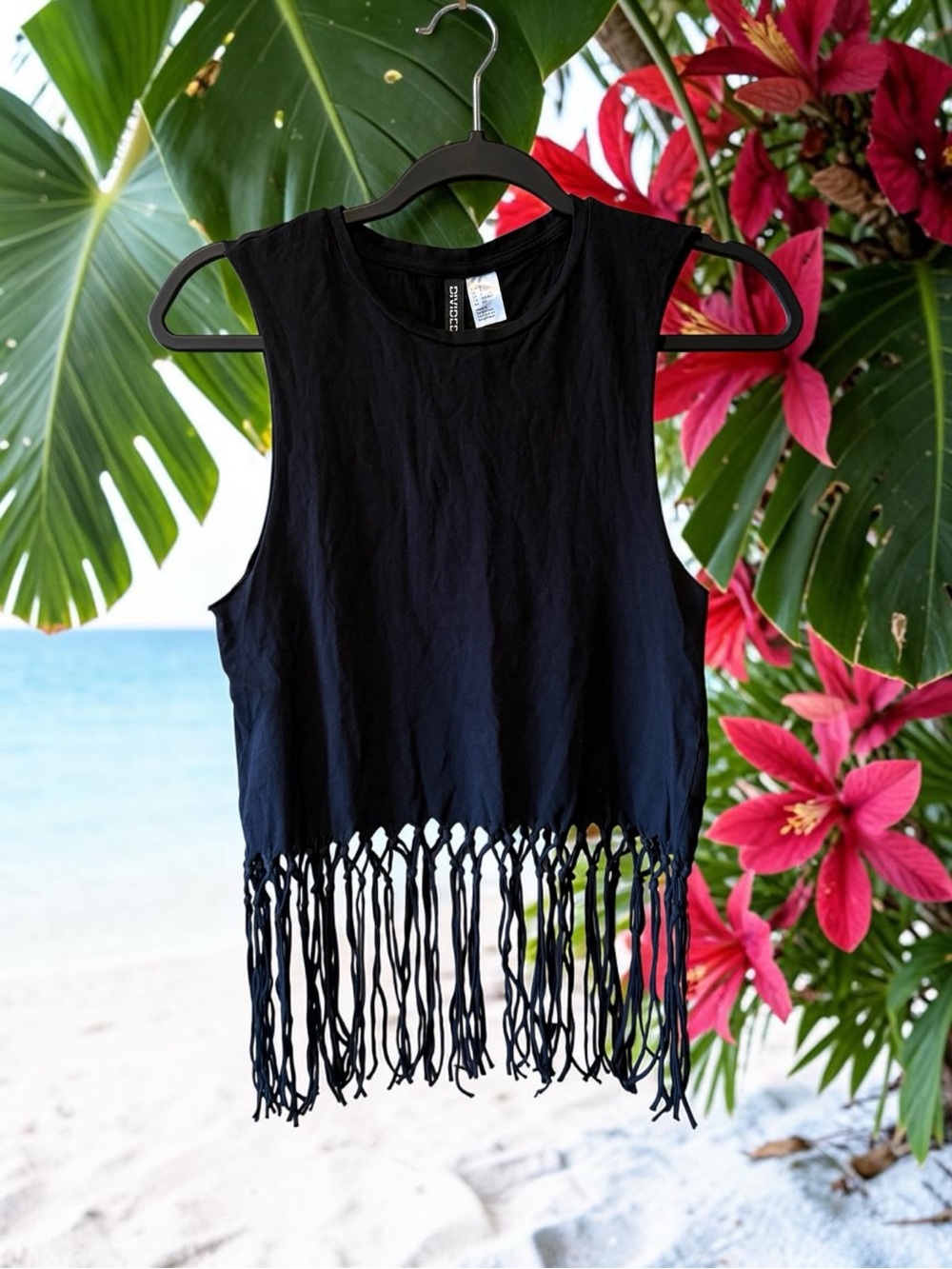 Divided by H&M Black Fringe Hem Crop Tank Top